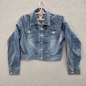 Anchor Blue Women Jacket L Cropped Denim Trucker Long Sleeve‎